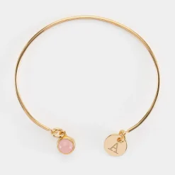 Bracelet personnalisé jonc plaqué or ouvert médaille gravée 10 mm et breloque pierre naturelle 8 mm