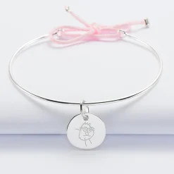 Bracelet personnalisé jonc argent et cordon médaille gravée 15 mm