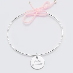 Bracelet personnalisé jonc argent et cordon médaille gravée 15 mm