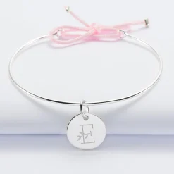 Bracelet personnalisé jonc argent et cordon médaille gravée 15 mm
