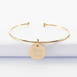 Bracelet personnalisé jonc ouvert boules plaqué or médaille gravée 15 mm