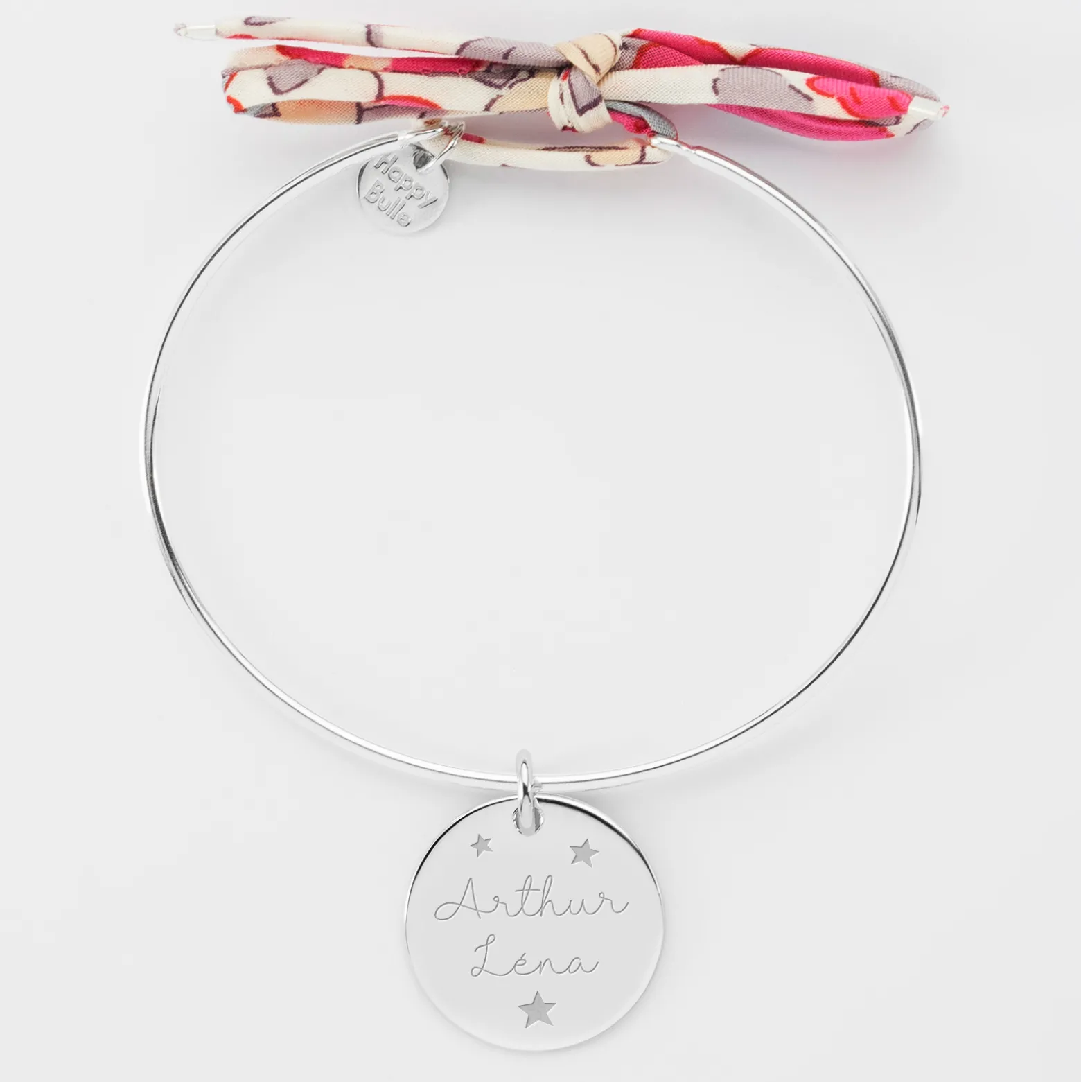 Bracelet personnalisé jonc argent et cordon Liberty médaille gravée 19 mm
