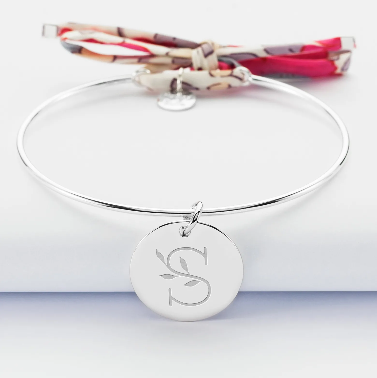 Bracelet personnalisé jonc argent et cordon Liberty médaille gravée 19 mm