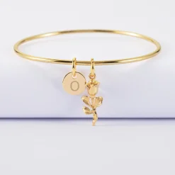 Bracelet personnalisé jonc plaqué or médaille gravée 10 mm et breloque rose 19 mm