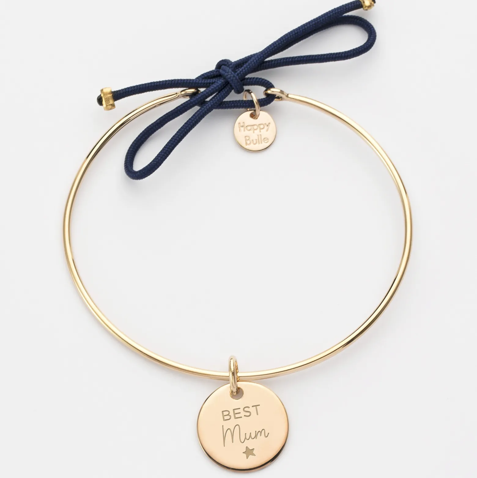 Bracelet personnalisé jonc plaqué or et cordon médaille gravée 15 mm