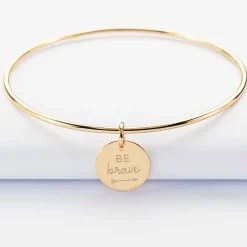 Bracelet personnalisé jonc plaqué or médaille gravée 15 mm