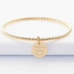 Bracelet personnalisé jonc torsadé plaqué or médaille gravée 15 mm