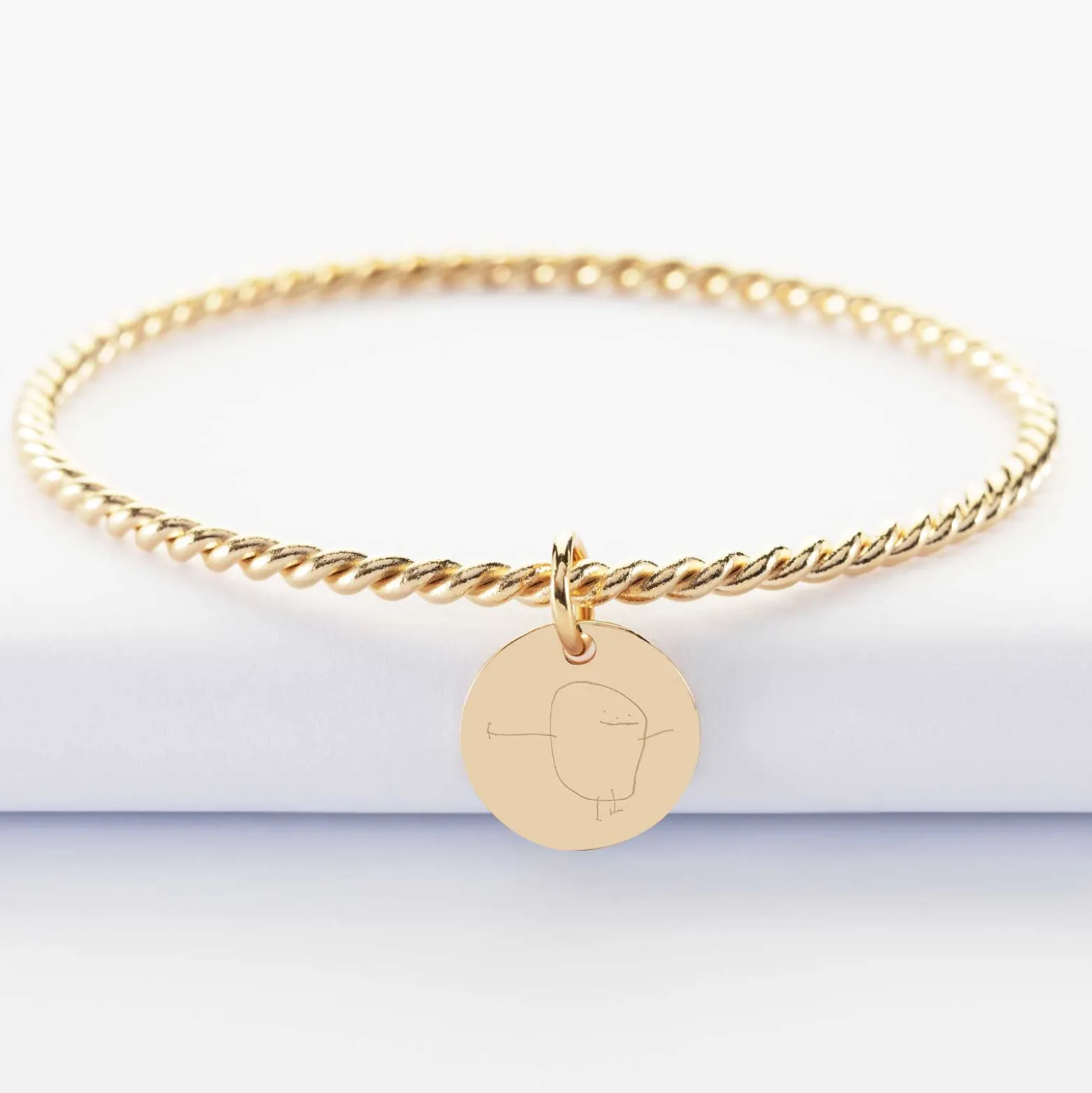 Bracelet personnalisé jonc torsadé plaqué or médaille gravée 15 mm