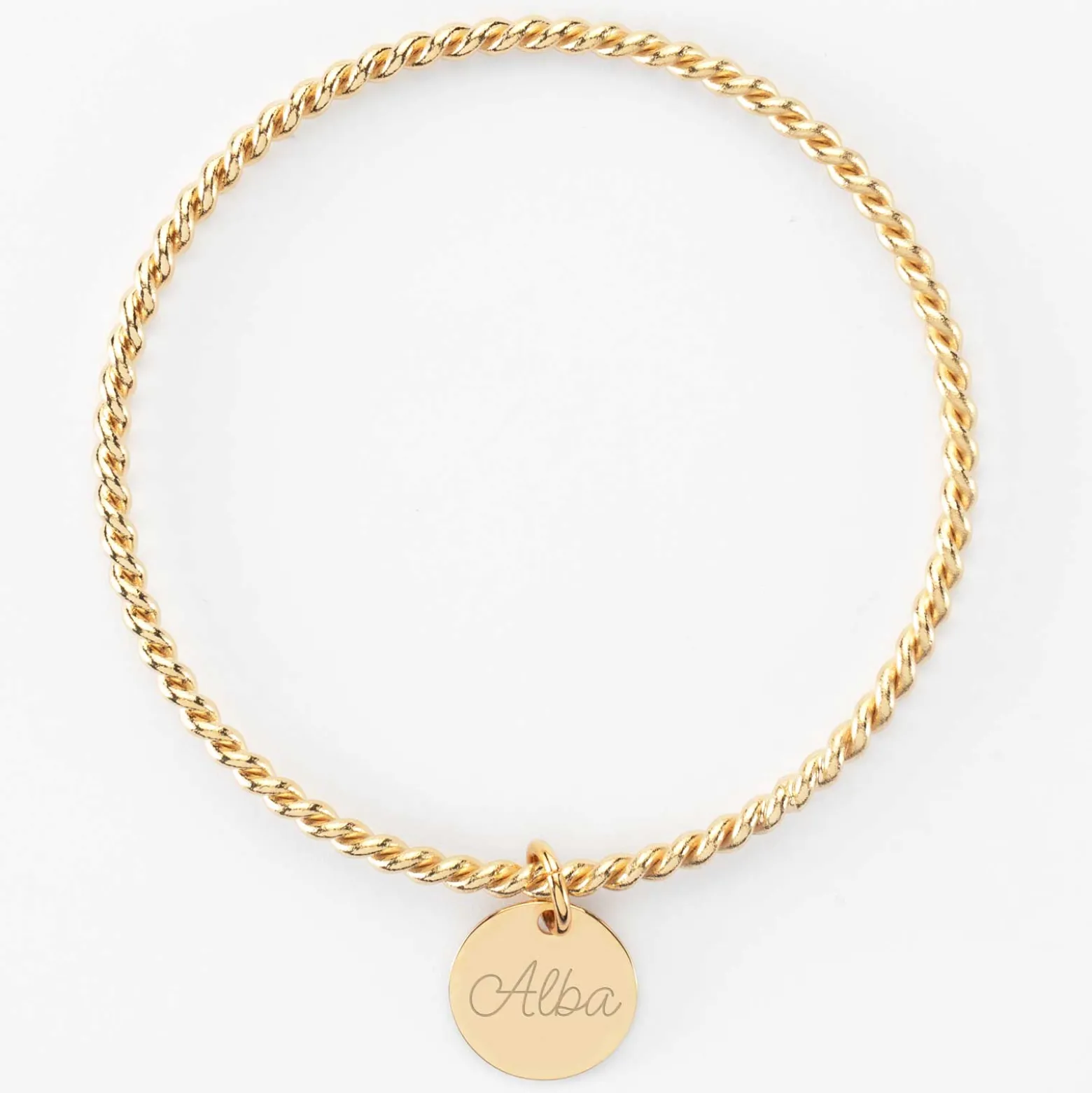 Bracelet personnalisé jonc torsadé plaqué or médaille gravée 15 mm