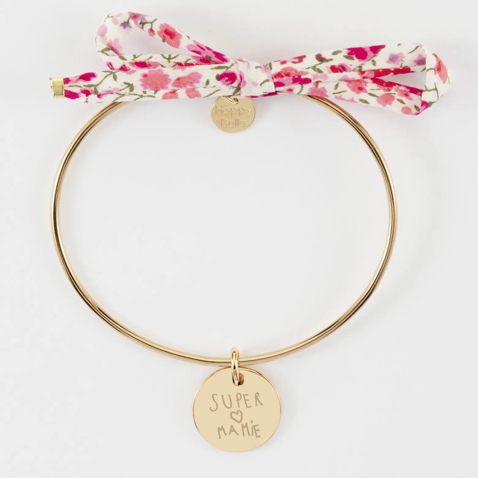Bracelet personnalisé jonc plaqué or et cordon Liberty médaille martelée gravée 15 mm