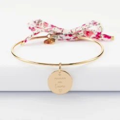 Bracelet personnalisé jonc plaqué or et cordon Liberty médaille martelée gravée 15 mm