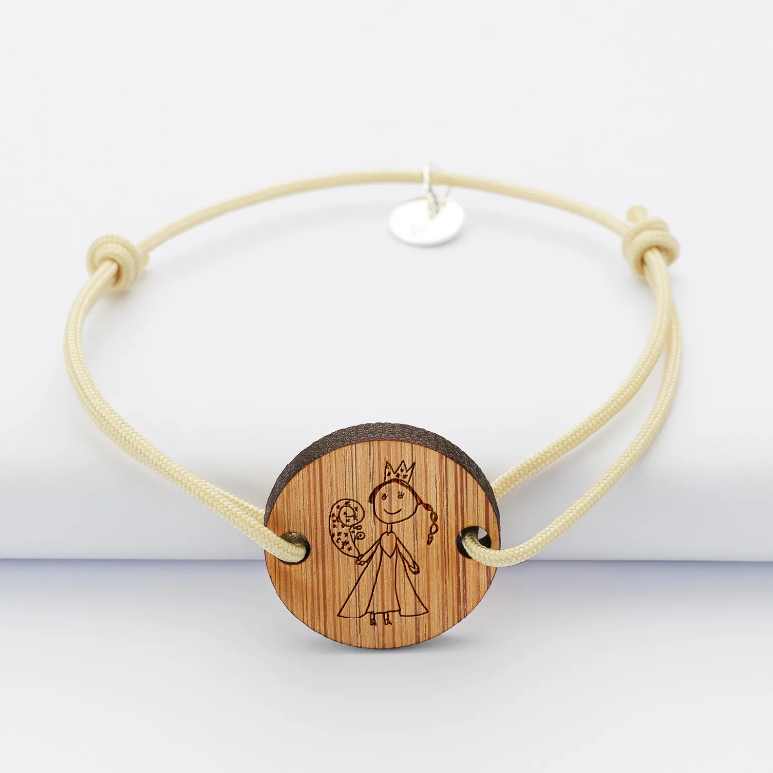 Bracelet personnalisé médaille gravée bois ronde 2 trous 21 mm