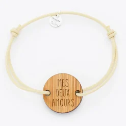 Bracelet personnalisé médaille gravée bois ronde 2 trous 21 mm