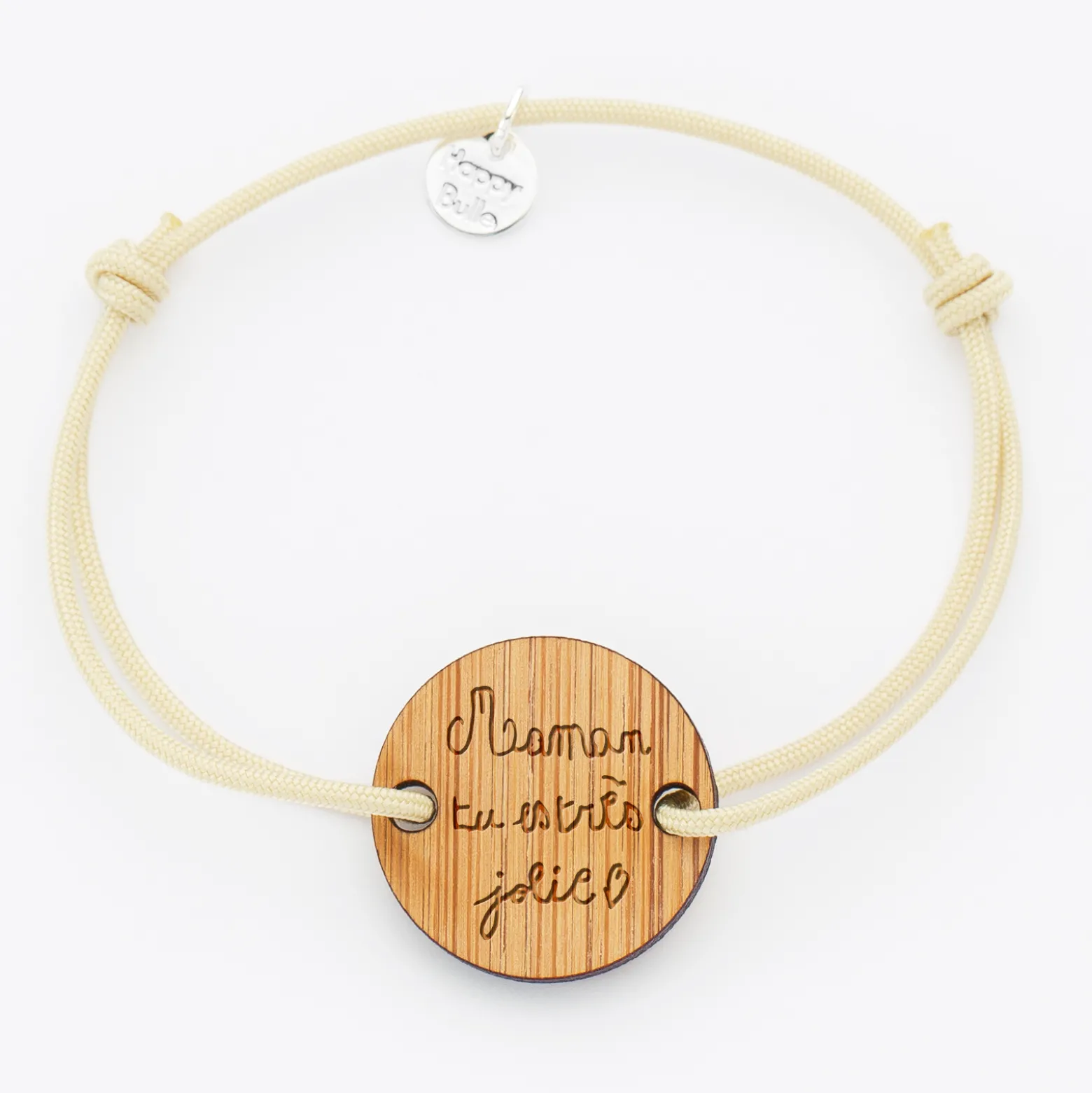Bracelet personnalisé médaille gravée bois ronde 2 trous 21 mm