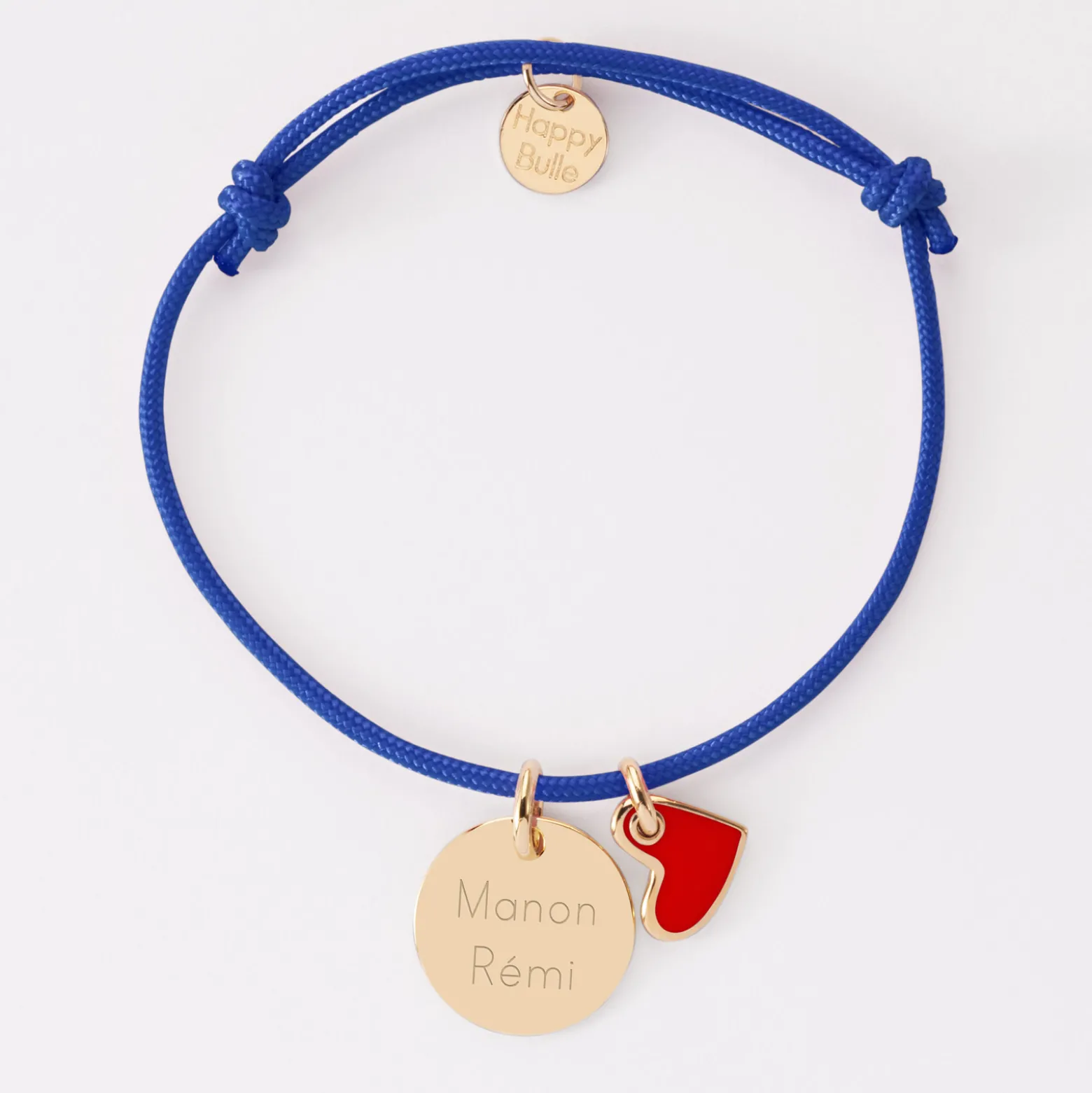 Bracelet personnalisé médaille gravée plaqué or 15 mm et breloque coeur email 10 mm