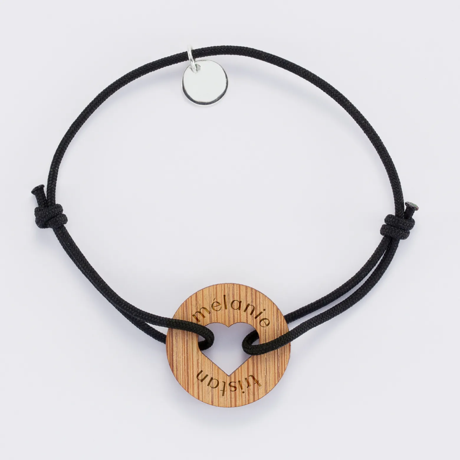 Bracelet personnalisé médaille gravée bois cible coeur 21 mm