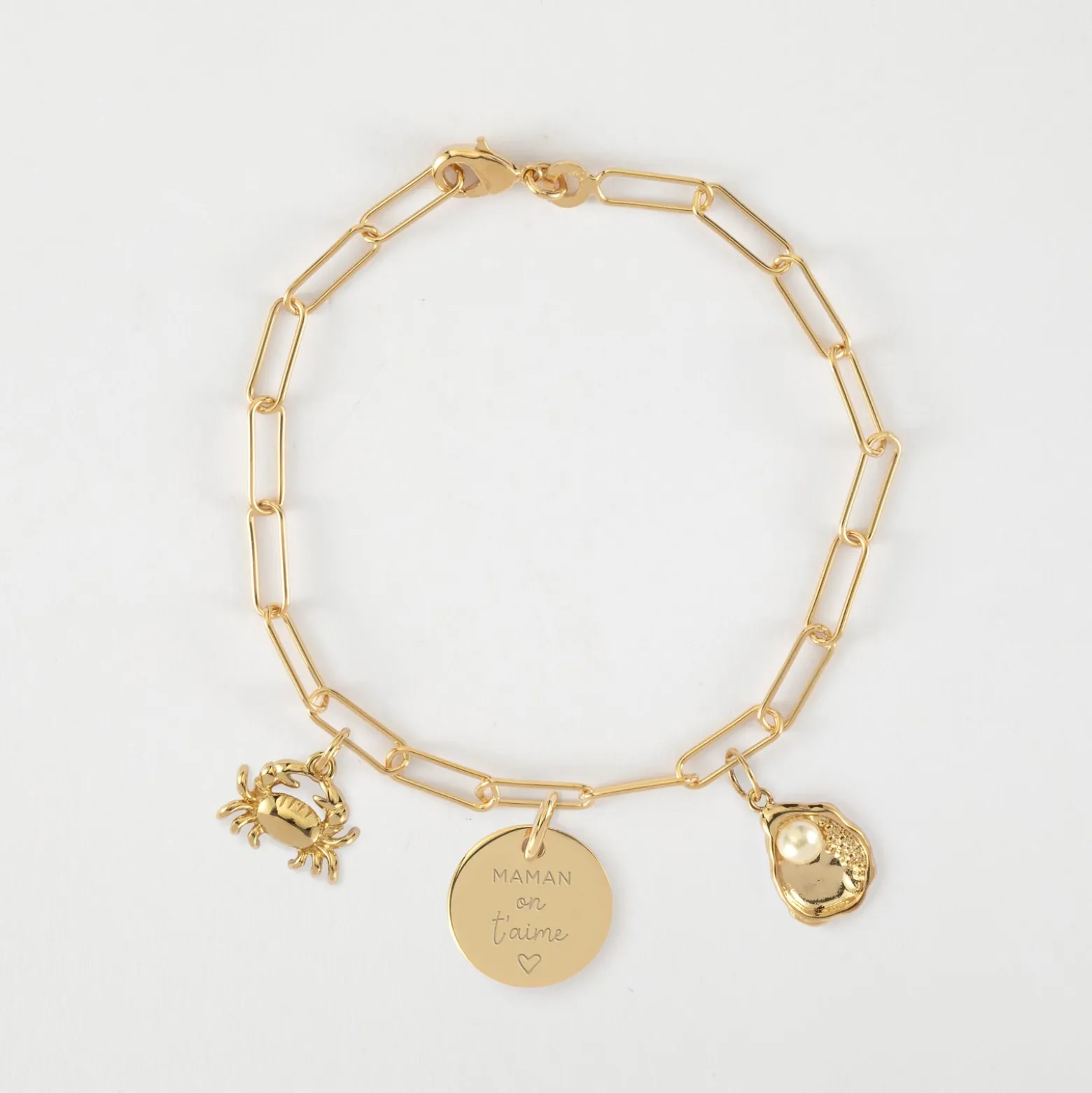 Bracelet personnalisé petites mailles médaille gravée plaqué or 15 mm et breloque(s) summer - à composer