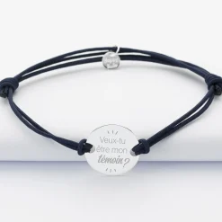 Bracelet Témoin homme personnalisé cordon doublé médaille gravée argent 2 trous 20 mm