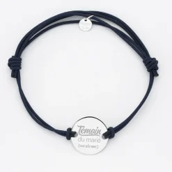 Bracelet Témoin homme personnalisé cordon doublé médaille gravée argent 2 trous 20 mm