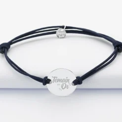 Bracelet Témoin homme personnalisé cordon doublé médaille gravée argent 2 trous 20 mm