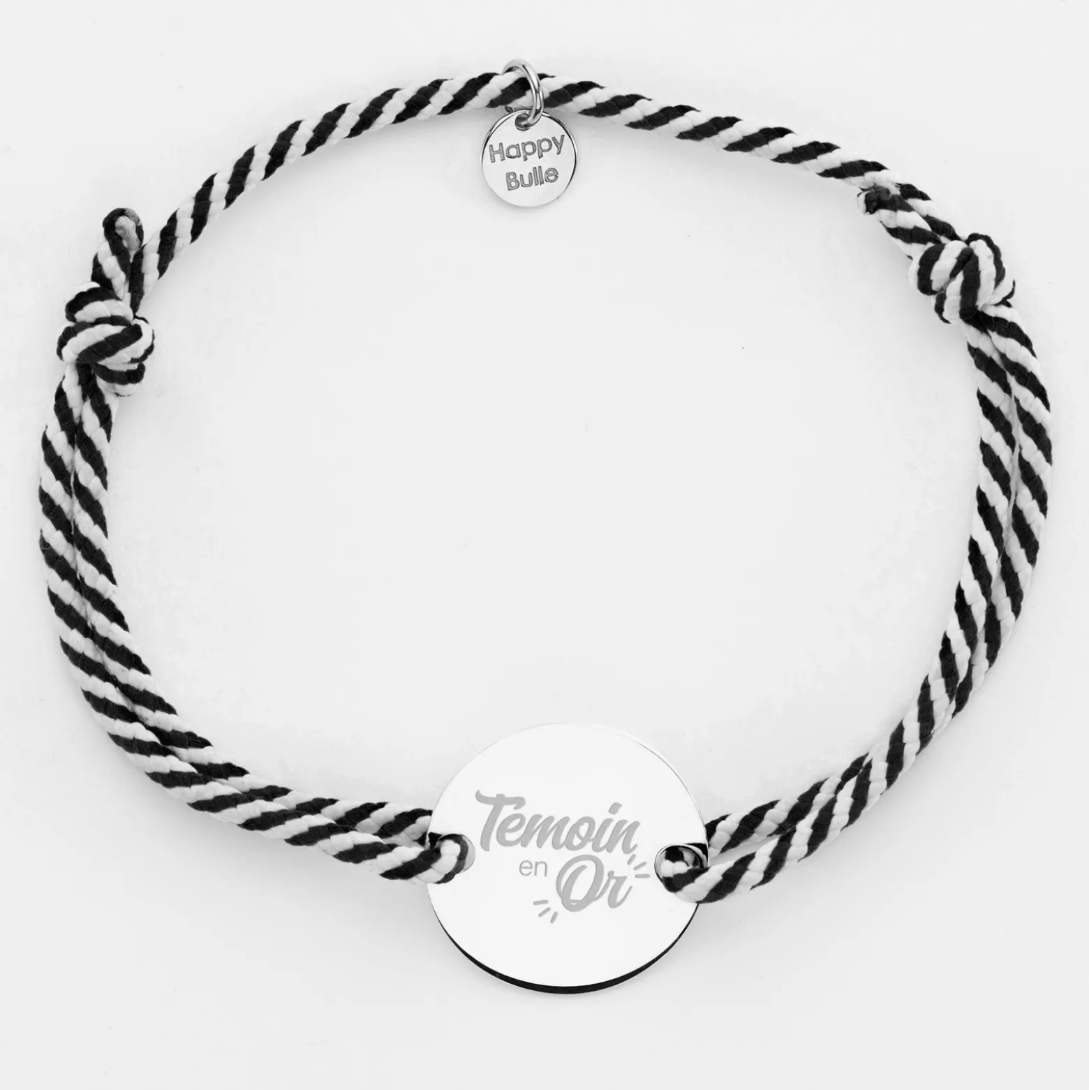 Bracelet Témoin homme personnalisé cordon marin tressé médaille gravée argent 2 trous 20 mm