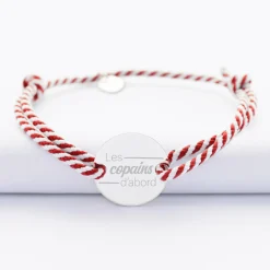 Bracelet Témoin homme personnalisé cordon marin tressé médaille gravée argent 2 trous 20 mm