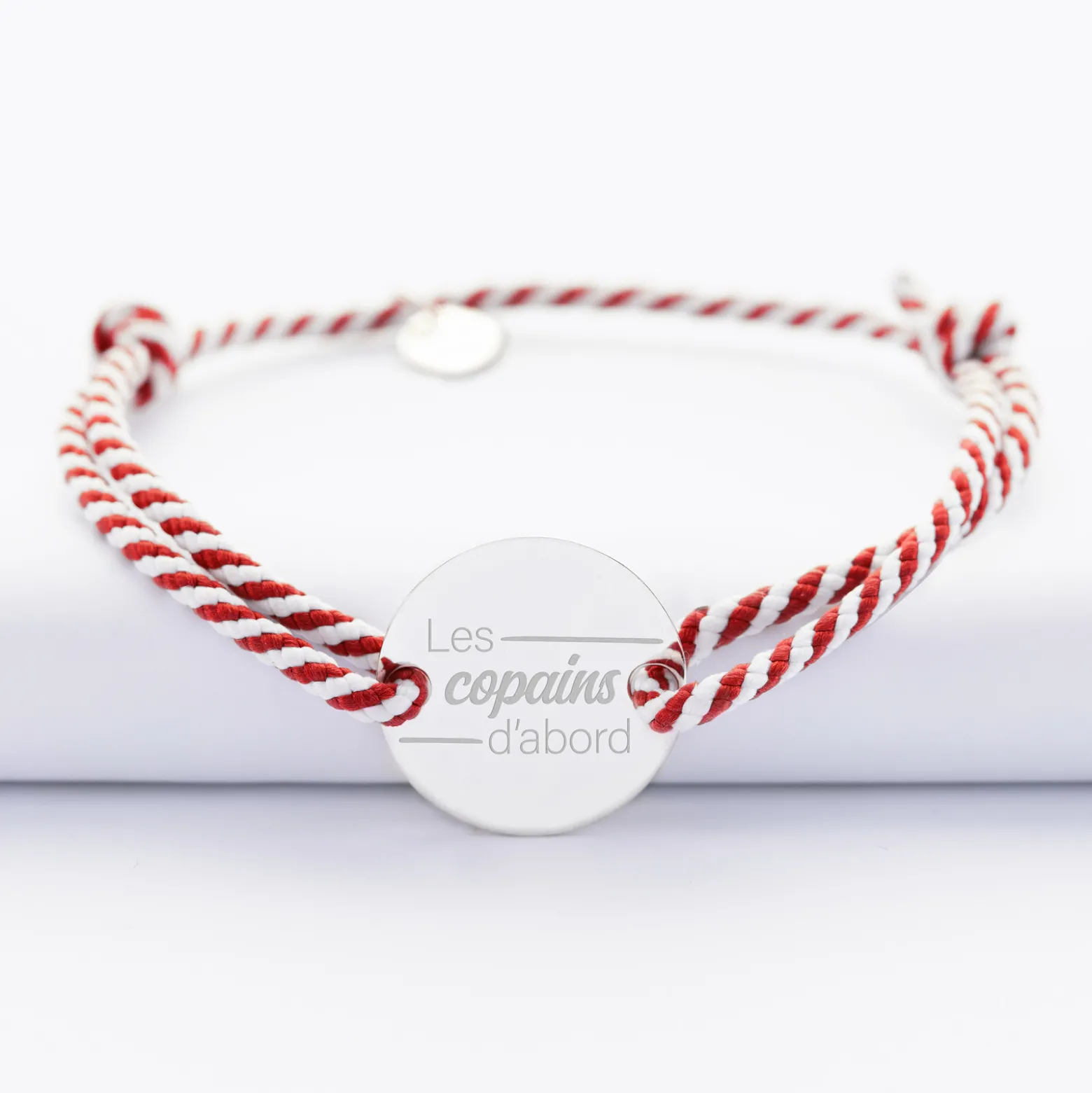 Bracelet Témoin homme personnalisé cordon marin tressé médaille gravée argent 2 trous 20 mm