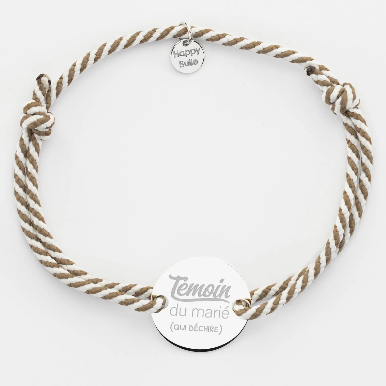 Bracelet Témoin homme personnalisé cordon marin tressé médaille gravée argent 2 trous 20 mm