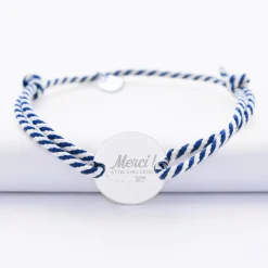 Bracelet Témoin homme personnalisé cordon marin tressé médaille gravée argent 2 trous 20 mm