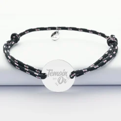 Bracelet Témoin homme personnalisé cordage marin simple médaille gravée argent 2 trous 20 mm