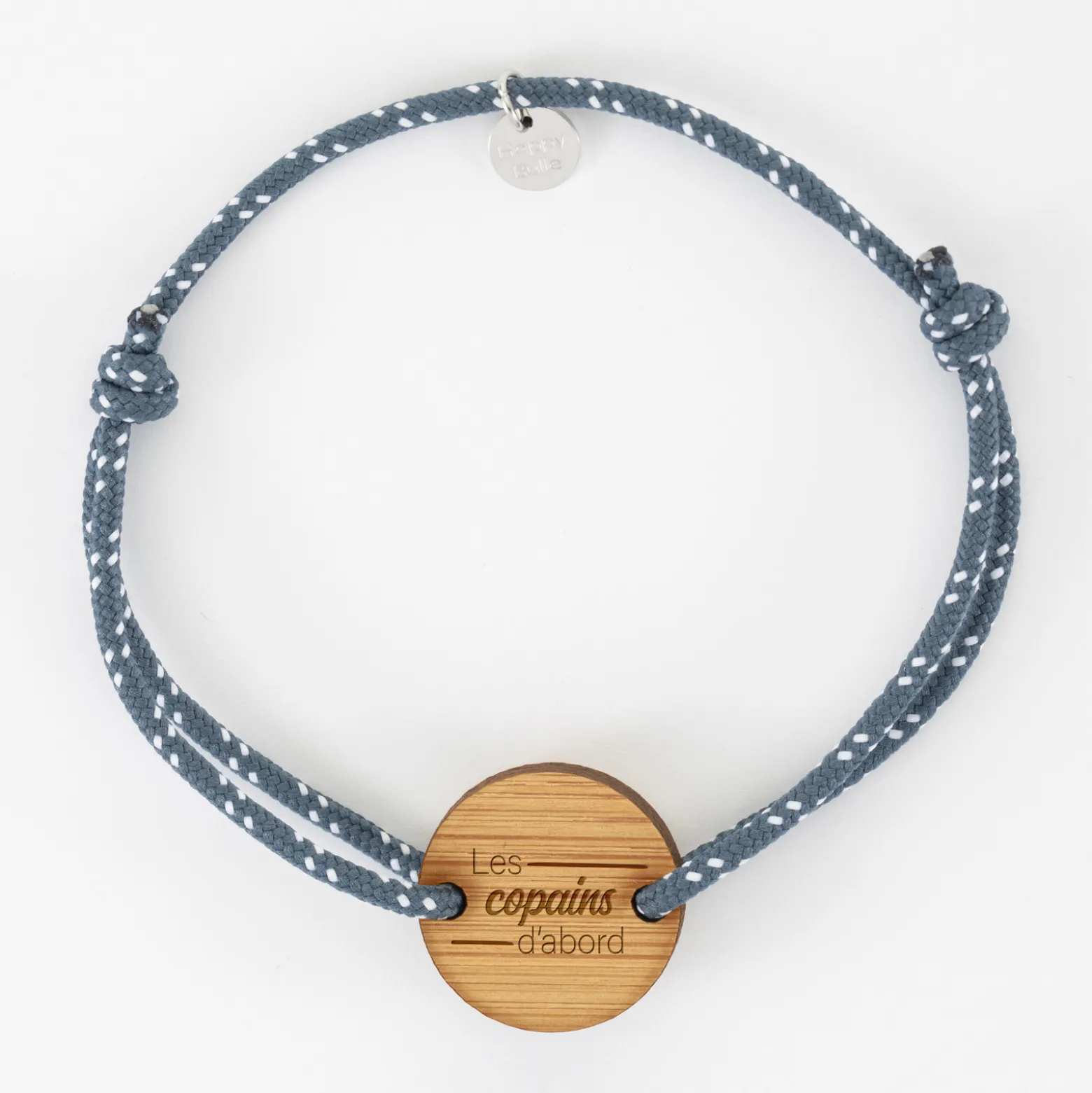 Bracelet Témoin homme personnalisé cordage marin simple médaille gravée bois ronde 2 trous 21 mm