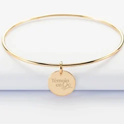 Bracelet Témoin personnalisé jonc plaqué or médaille gravée 15 mm