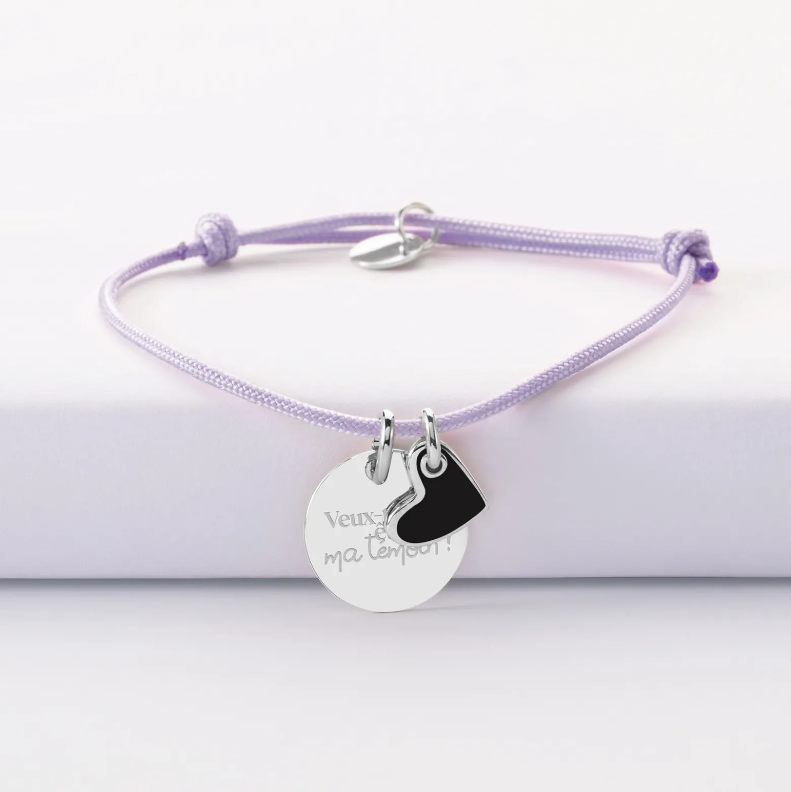 Bracelet Témoin personnalisé médaille gravée argent 15 mm et breloque coeur email 10 mm