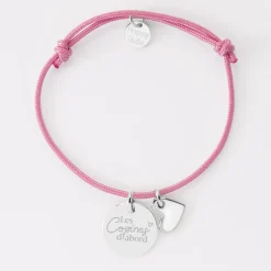 Bracelet Témoin personnalisé médaille gravée argent 15 mm et breloque coeur email 10 mm