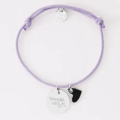 Bracelet Témoin personnalisé médaille gravée argent 15 mm et breloque coeur email 10 mm