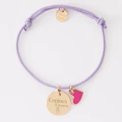 Bracelet Témoin personnalisé médaille gravée plaqué or 15 mm et breloque coeur email 10 mm