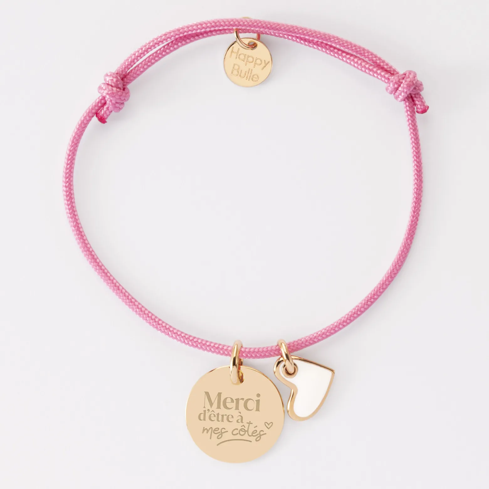 Bracelet Témoin personnalisé médaille gravée plaqué or 15 mm et breloque coeur email 10 mm