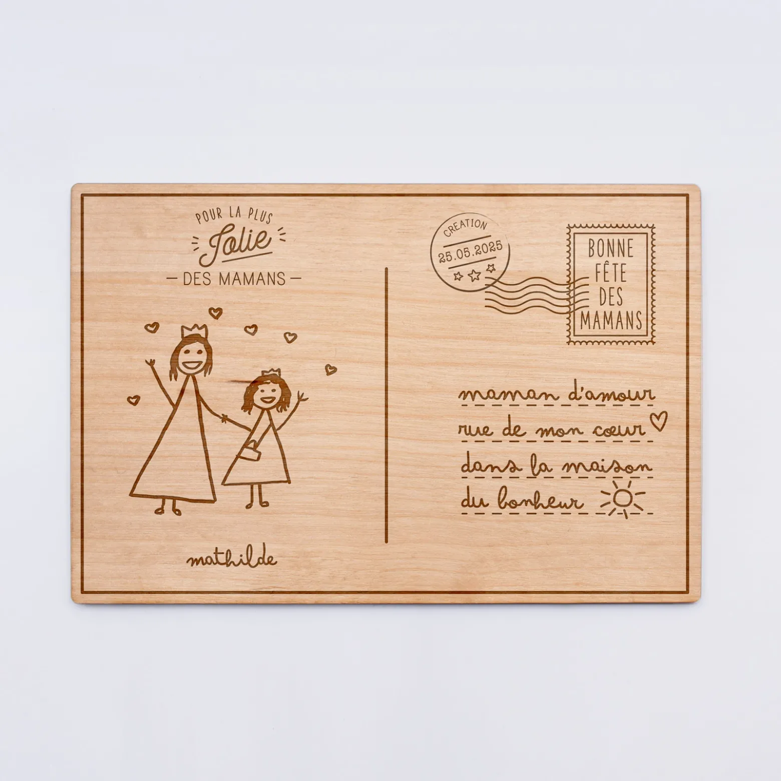 Cadre carte postale maman personnalisé bois gravé 15x10 cm avec support - édition spéciale "Bonne fête maman"