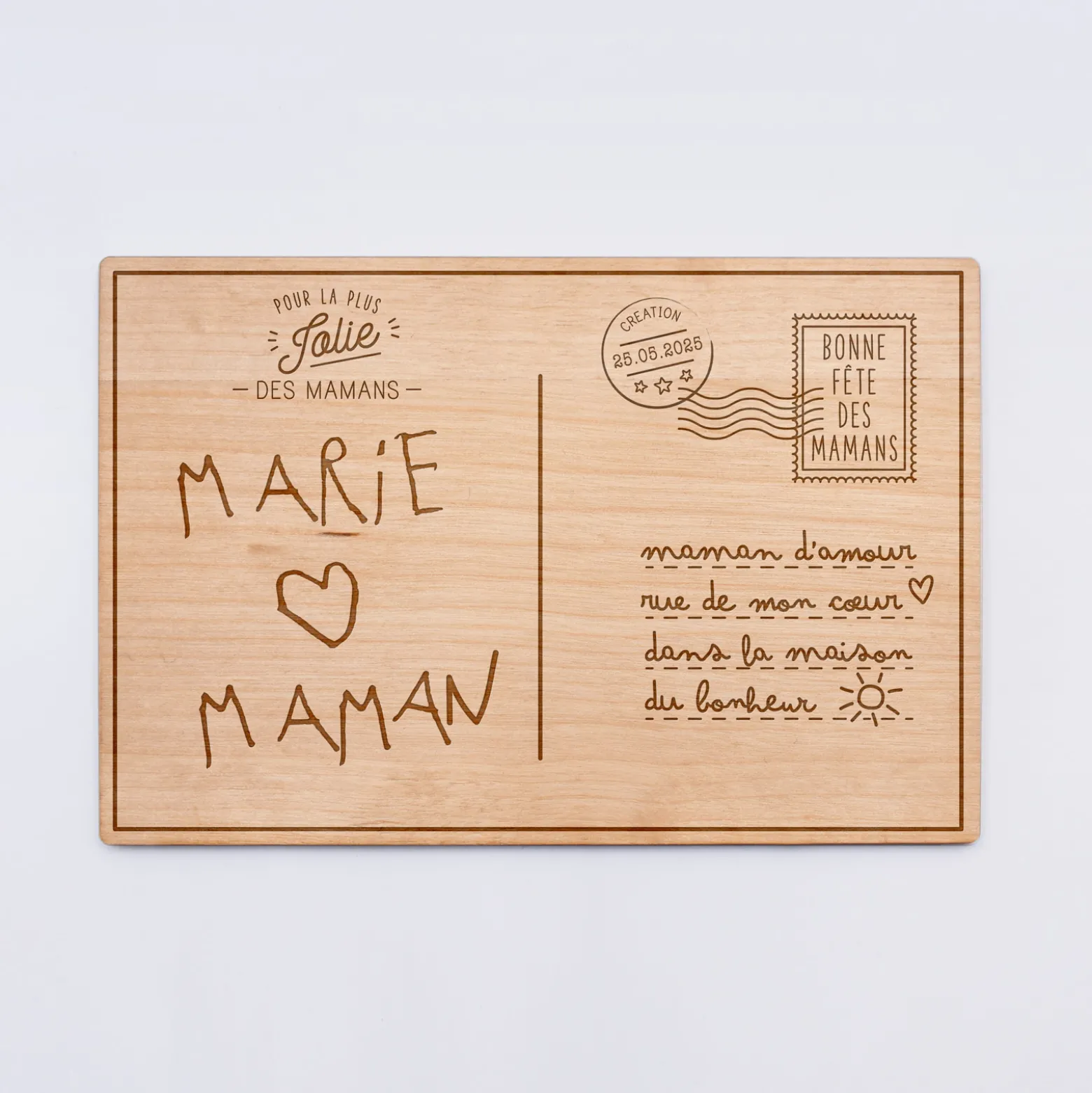 Cadre carte postale maman personnalisé bois gravé 15x10 cm avec support - édition spéciale "Bonne fête maman"