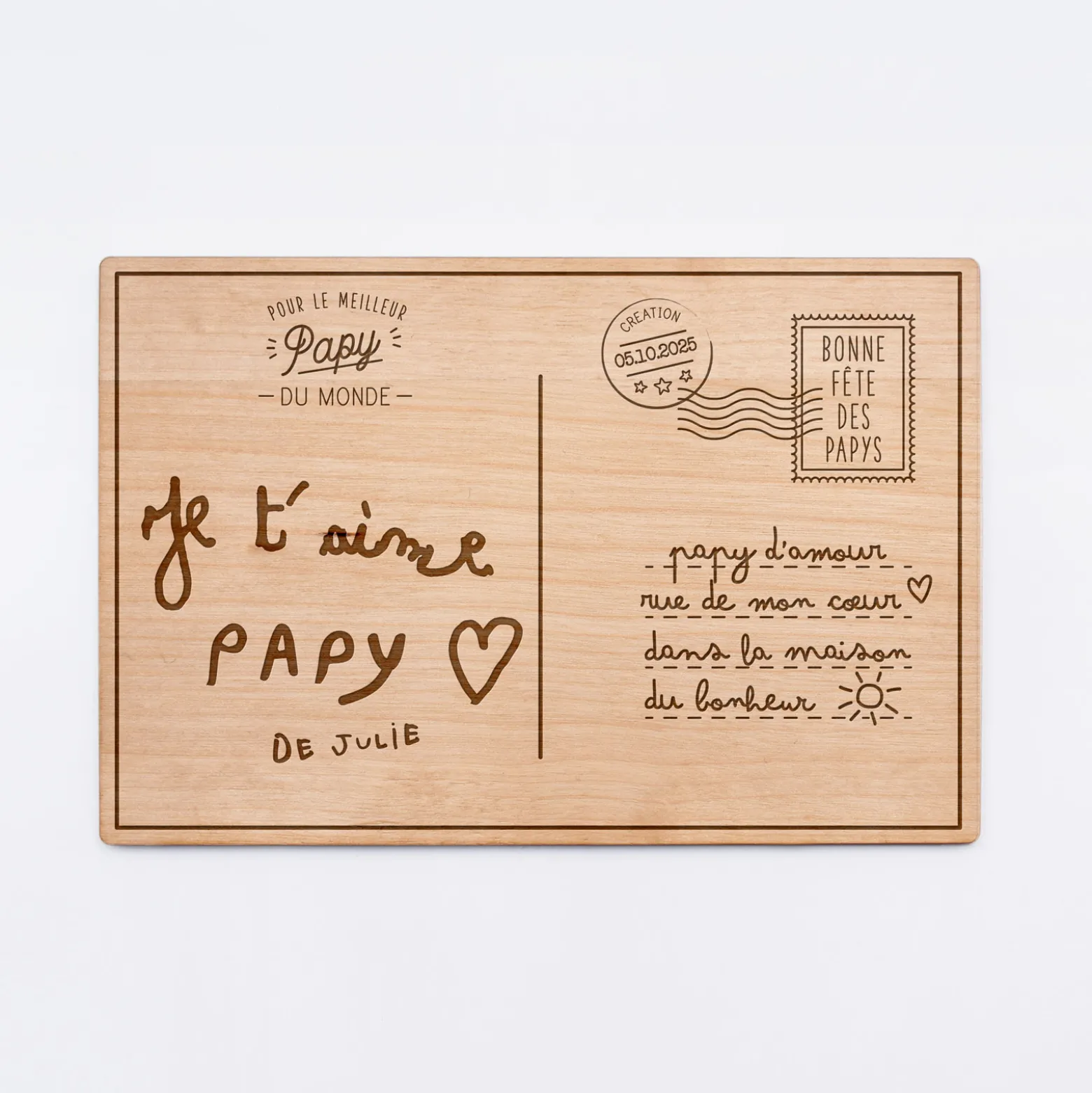 Cadre carte postale papy personnalisé bois gravé 15x10 cm avec support - édition spéciale "Bonne fête papy"