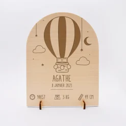 Cadre de naissance montgolfière personnalisé bois gravé 15x11,5 cm