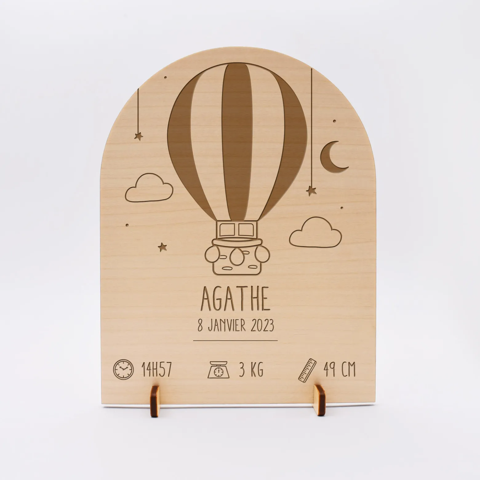 Cadre de naissance montgolfière personnalisé bois gravé 15x11,5 cm