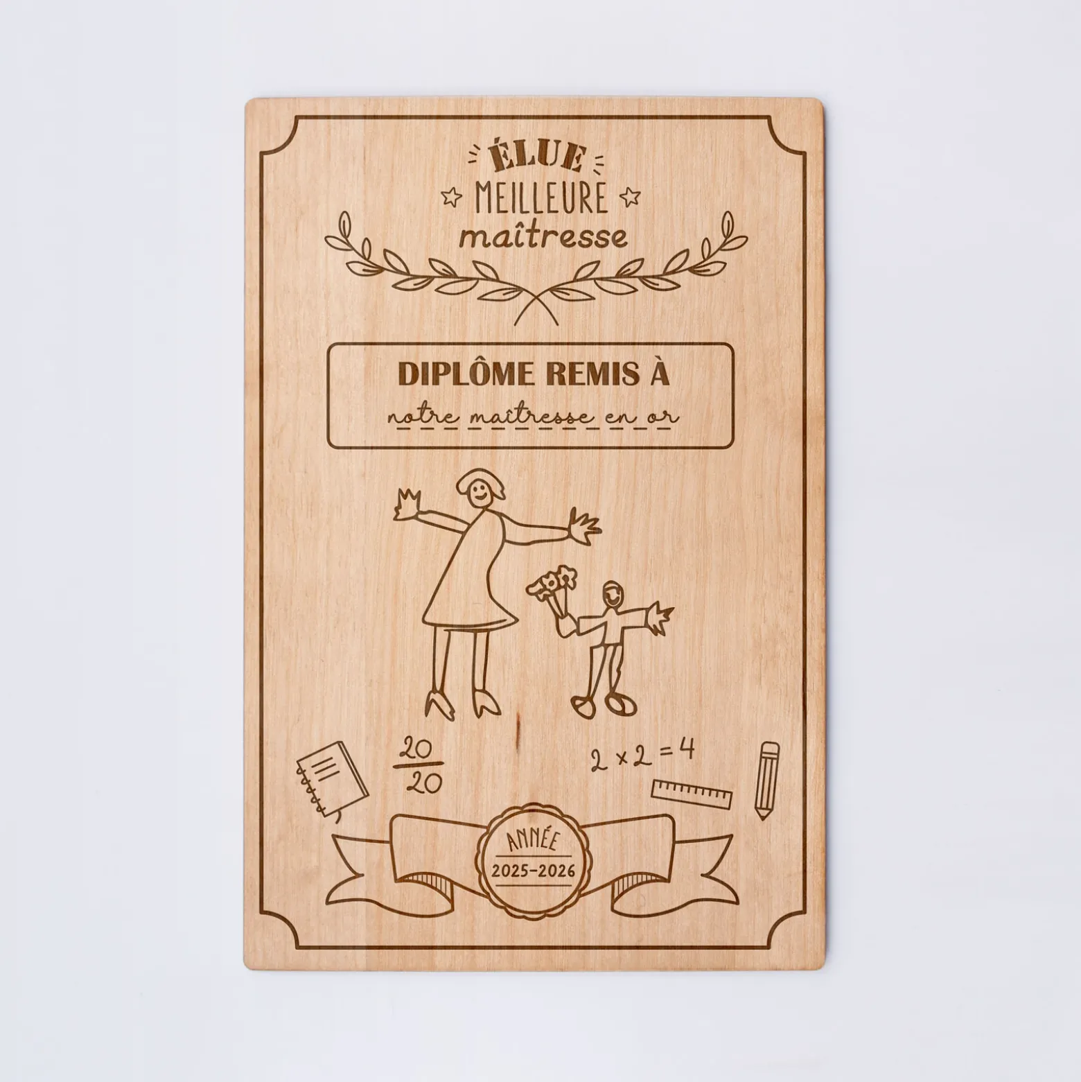 Cadre diplôme maîtresse personnalisé bois gravé 15x10 cm avec support - édition spéciale "Meilleure maîtresse"