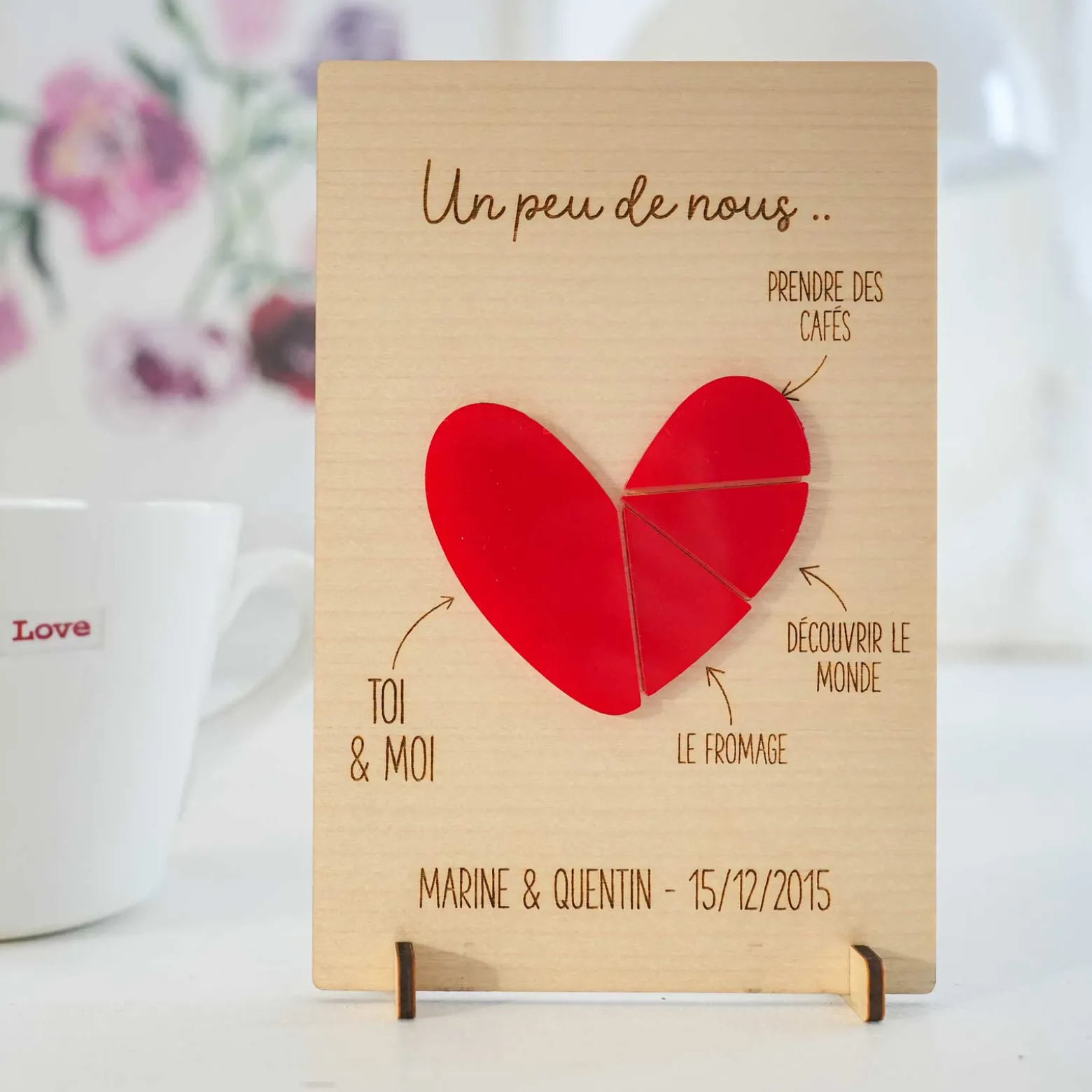 Cadre personnalisé bois gravé 15x10 cm avec support - édition spéciale "Un peu de nous"