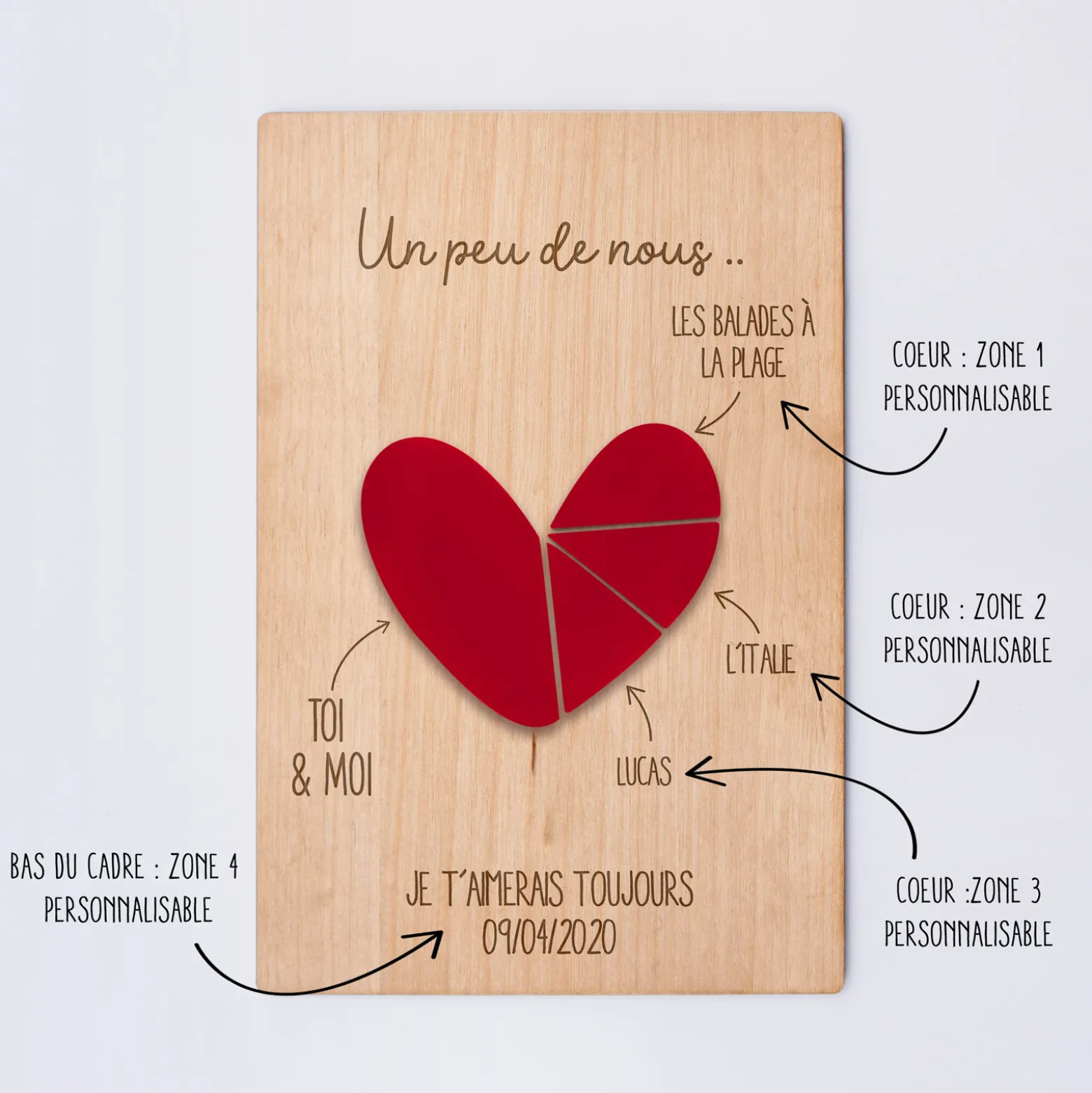 Cadre personnalisé bois gravé 15x10 cm avec support - édition spéciale "Un peu de nous"