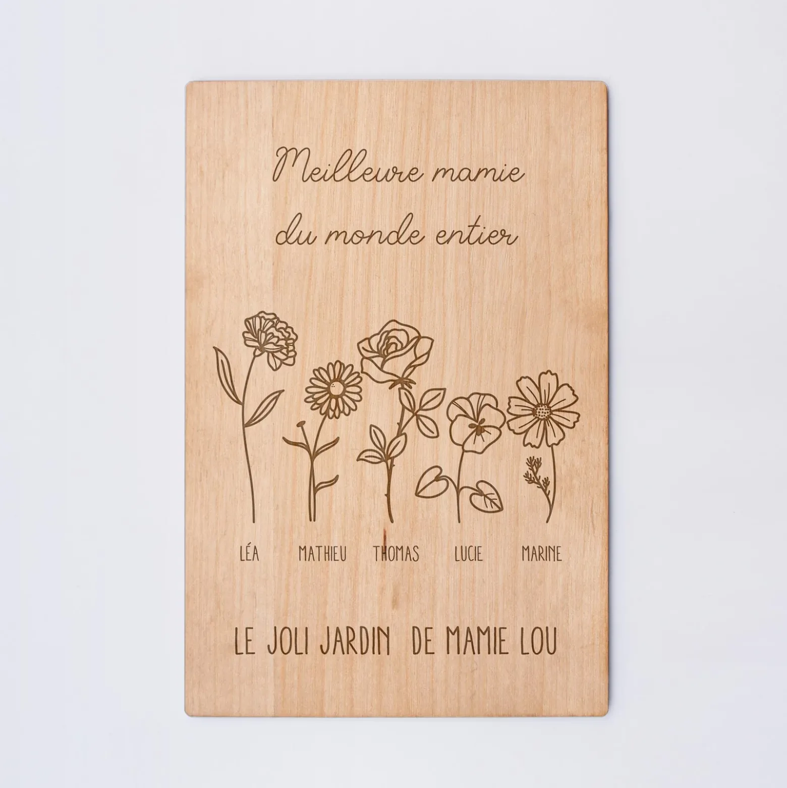 Cadre personnalisé bois gravé 15x10 cm avec support - édition spéciale "Joli jardin"