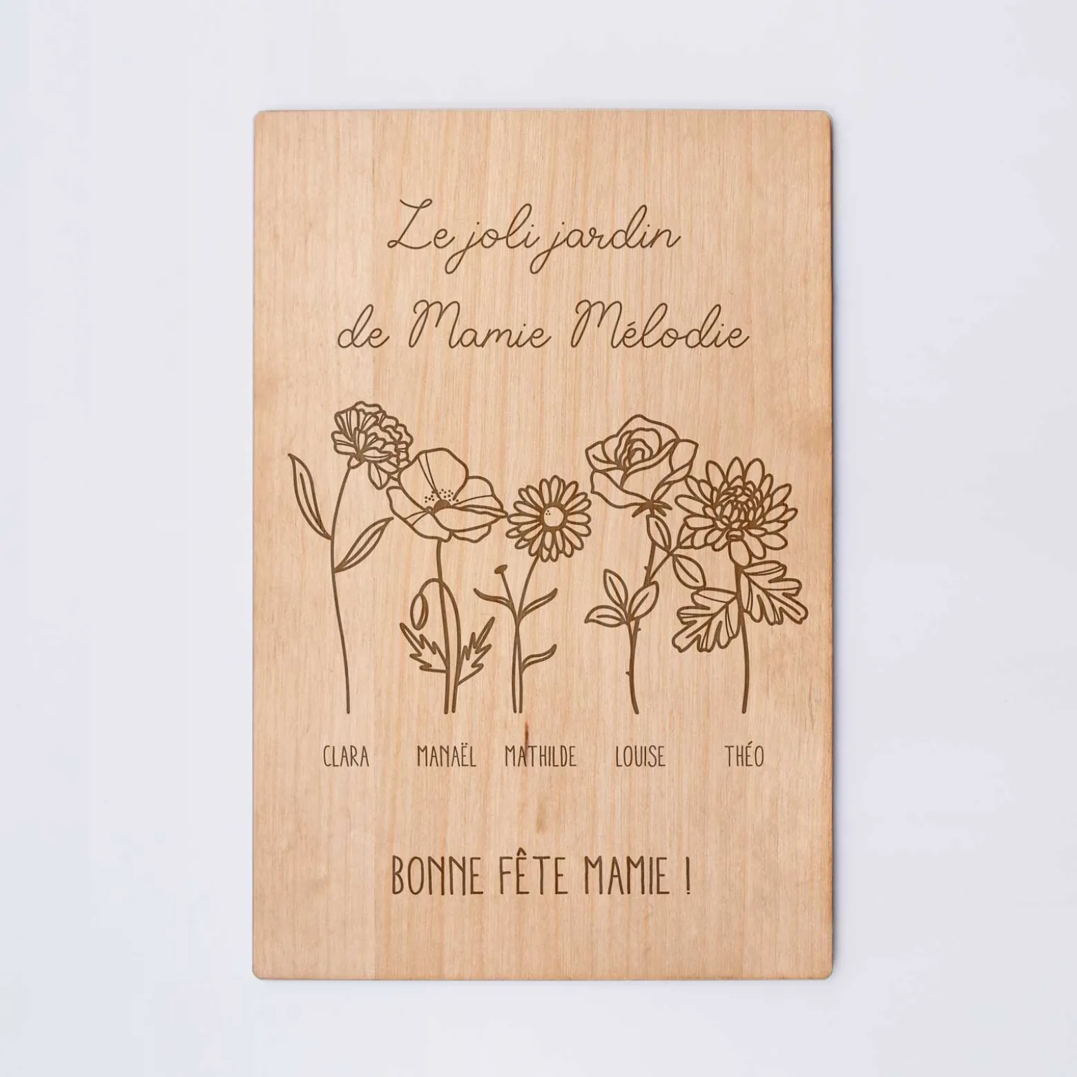 Cadre personnalisé bois gravé 15x10 cm avec support - édition spéciale "Joli jardin"