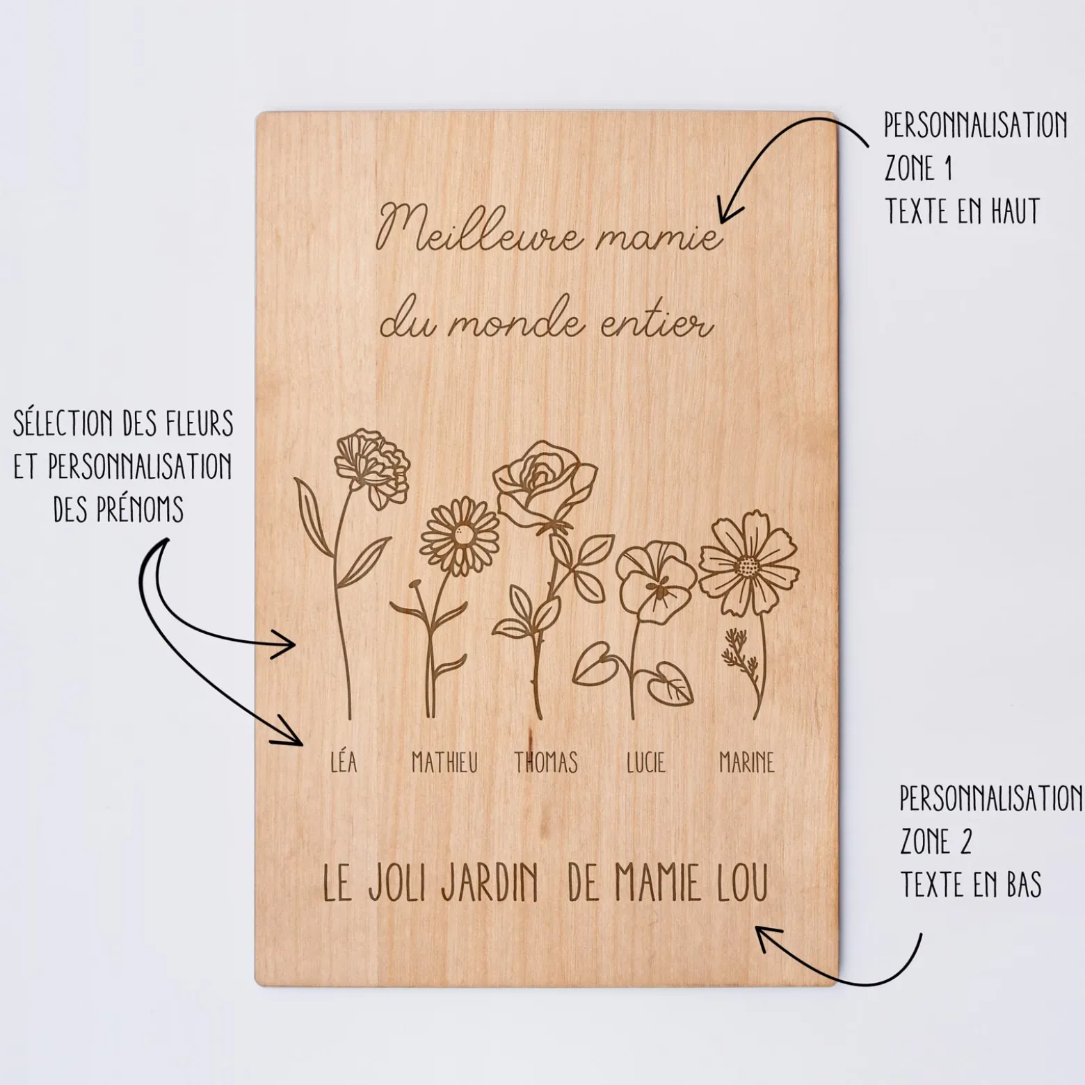 Cadre personnalisé bois gravé 15x10 cm avec support - édition spéciale "Joli jardin"