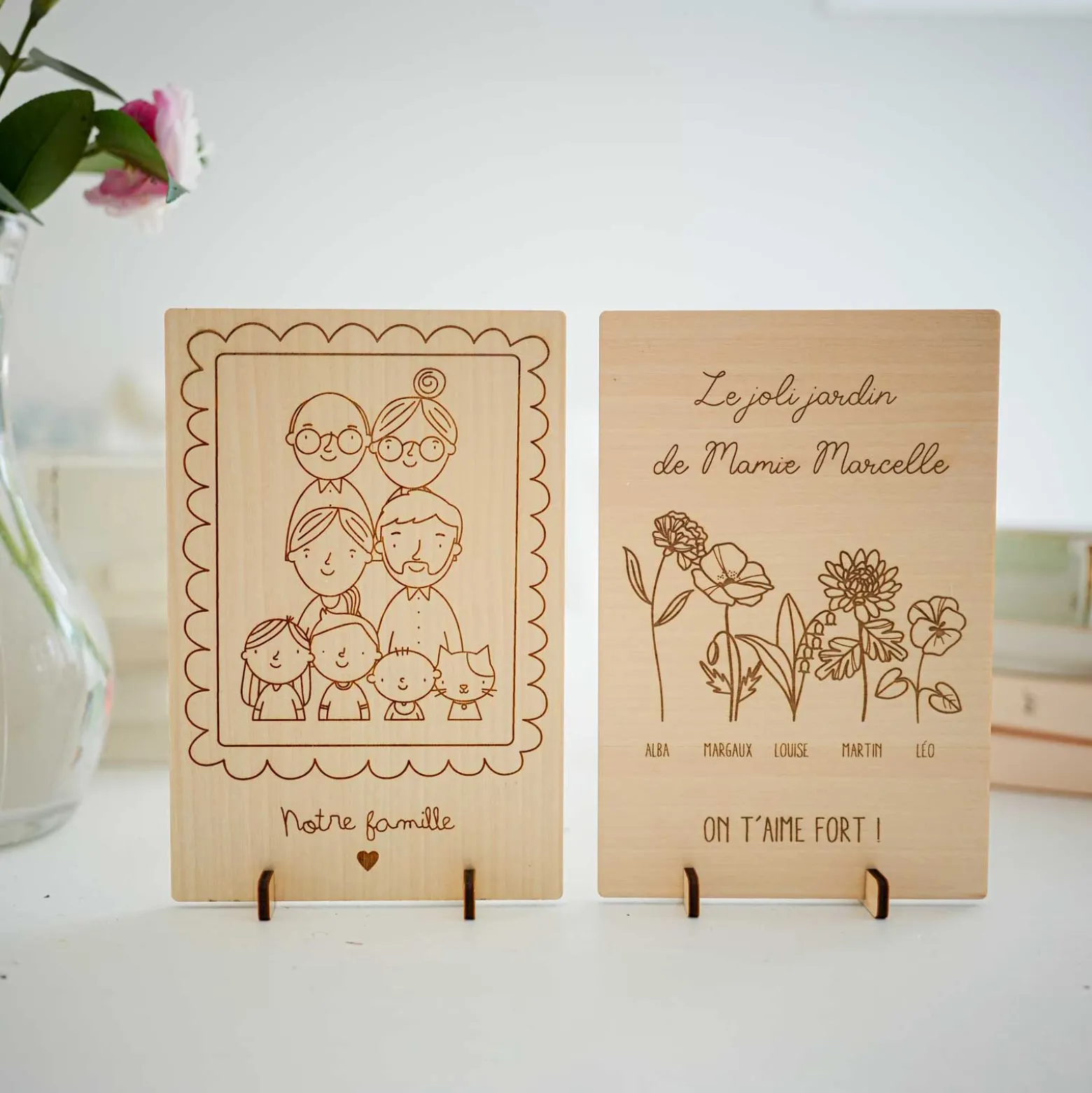 Cadre personnalisé bois gravé 15x10 cm avec support - édition spéciale "Joli jardin"