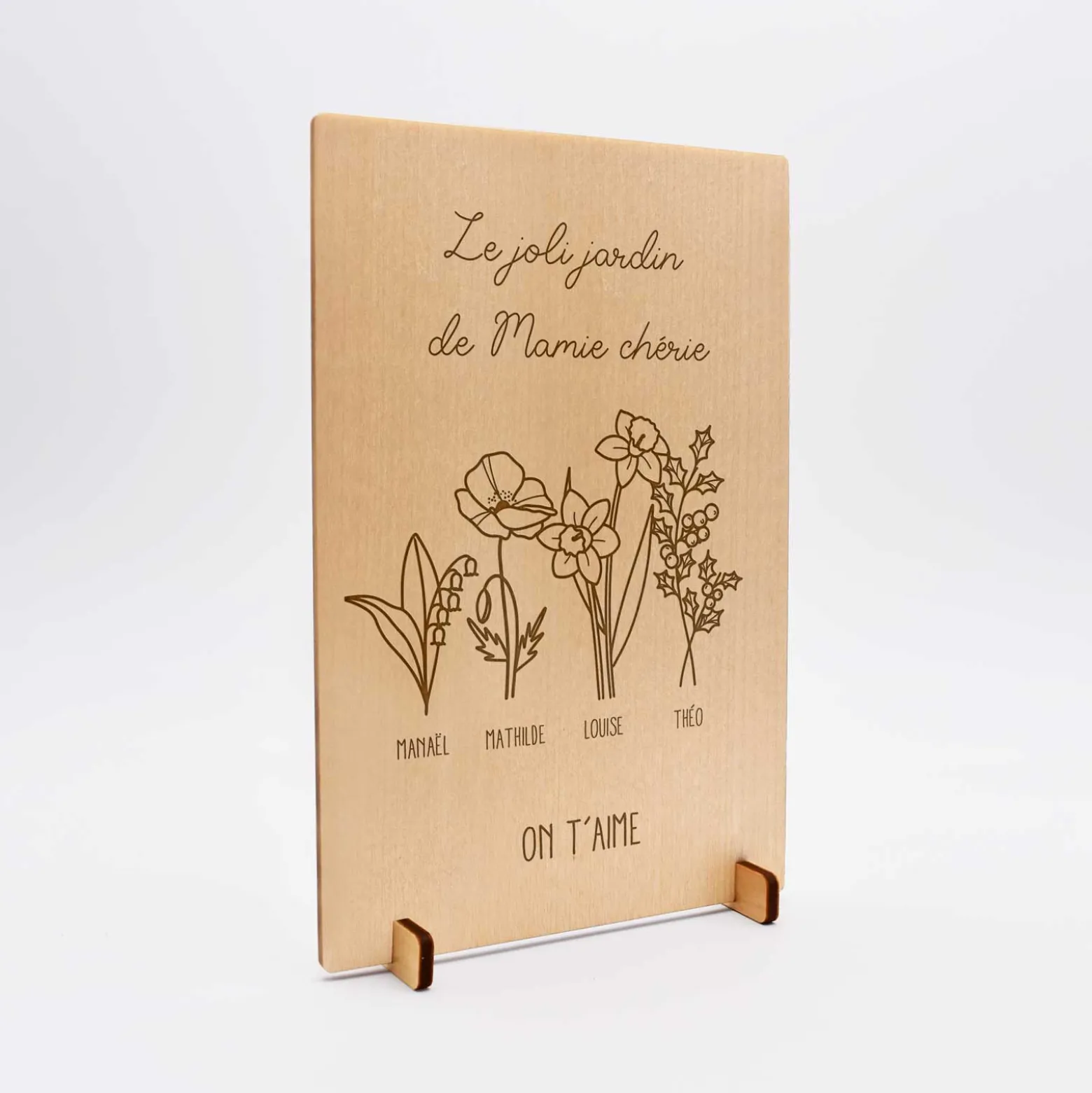 Cadre personnalisé bois gravé 15x10 cm avec support - édition spéciale "Joli jardin"